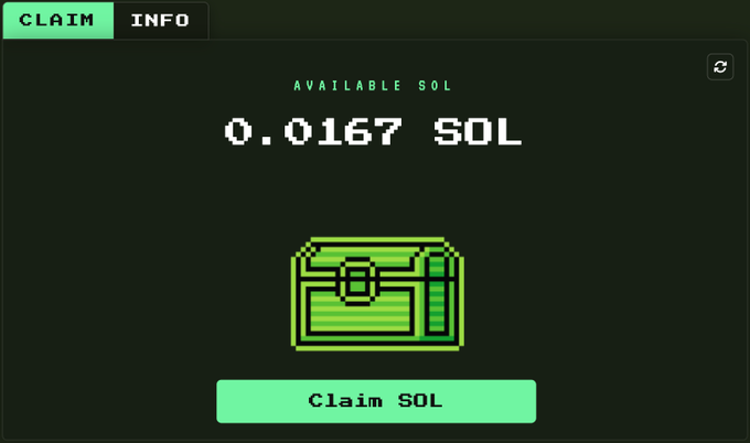 A pixel-art style interface showing an available balance of 0.0167 SOL with a 'Claim SOL' button.