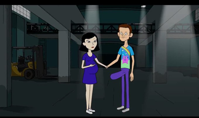 An animated scene showing a pregnant woman in a blue dress holding hands with a tall, thin man wearing glasses and a colorful shirt, standing in a dimly lit warehouse with a yellow forklift in the background.