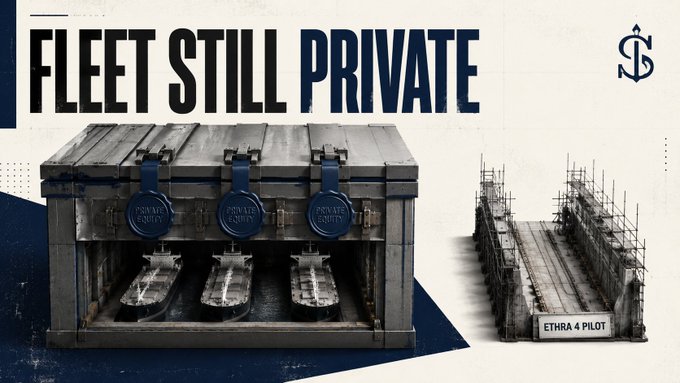 Promotional graphic with bold text 'FLEET STILL PRIVATE' showing a locked shipping container with 'PRIVATE EQUITY' seals, alongside a labeled 'ETHRA 4 PILOT' vessel image.