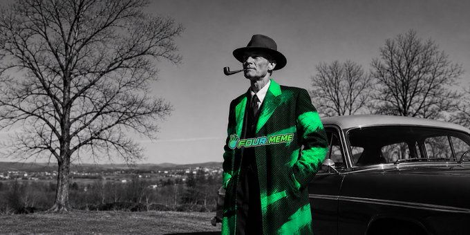 A man in a green suit and fedora smokes a pipe beside a vintage car, evoking a classic 1940s gangster aesthetic that mirrors the post's defiant, bullish stance on "fourmeme" despite losses, with the "FOURMEME" watermark visible across his suit.