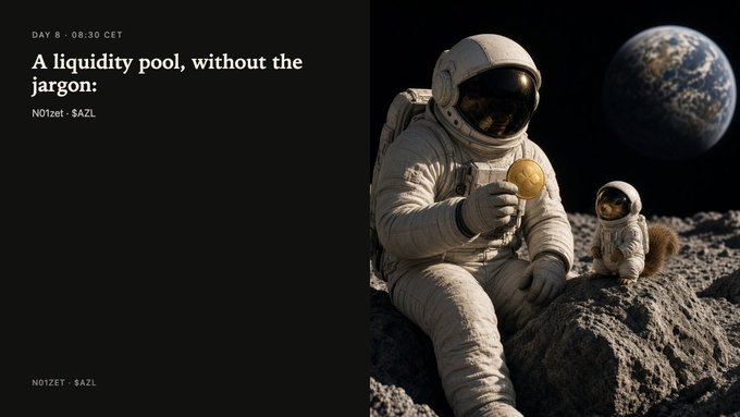 A promotional graphic for 'NO1ZET' featuring an astronaut and a squirrel in spacesuits on the moon holding a gold coin, with text reading 'A liquidity pool, without the jargon.'