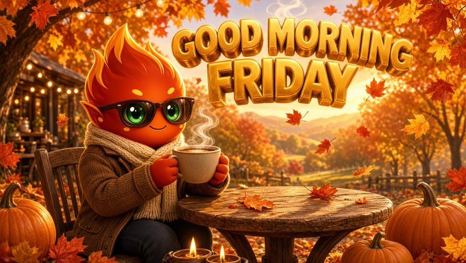 A cartoon autumn scene featuring a red flame character wearing sunglasses and a scarf holding a coffee mug, with the text 'GOOD MORNING FRIDAY'.