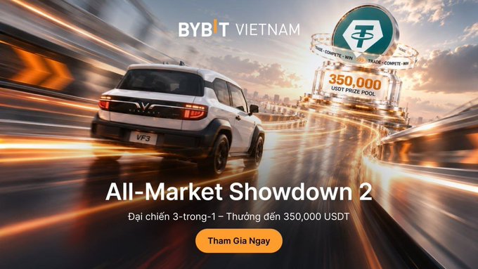 A dynamic promotional banner for BYBIT Vietnam's "All-Market Showdown 2" trading competition features a sleek white VinFast VF3 car speeding through a blurred cityscape, accompanied by a glowing trophy displaying "350,000 USDT Prize Pool" to emphasize the lucrative rewards for Vietnamese traders.