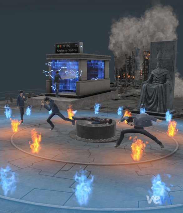 A surreal 3D scene featuring figures in suits in dynamic poses around a circular platform with blue and orange flames, alongside a metro station sign reading 'Yongning Station' and a large statue, with a 'veex' watermark in the corner.