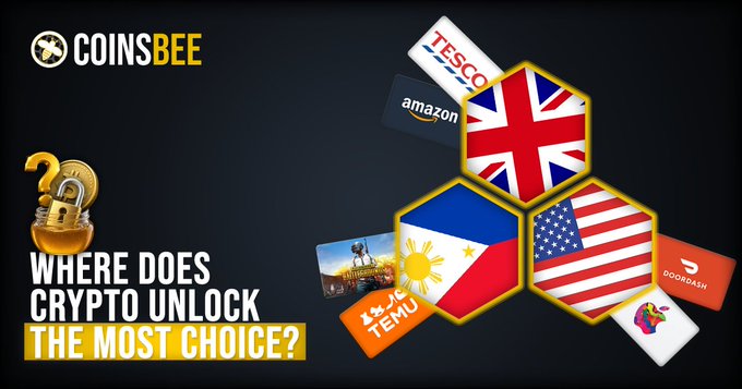 A promotional graphic for 'COINSBEE' asking 'WHERE DOES CRYPTO UNLOCK THE MOST CHOICE?' featuring a padlock with a bitcoin symbol, hexagonal flags of the UK, Philippines, and USA, alongside gift card brands like Tesco, Amazon, Temu, and DoorDash.