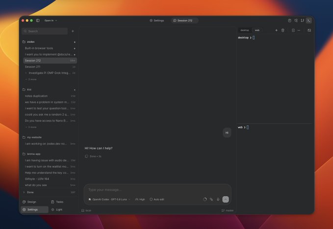 A screenshot of an OpenAI desktop application interface showing various sessions and a code editor with 'web > 0' visible.
