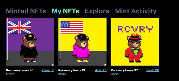 A website page displays three cartoon bear characters, each with a unique hat and jacket, accompanied by text about the bears' adventures on My Nfts.