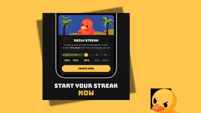 A promotional graphic for a 'DAILY STREAK' dueling feature, showing a phone mockup with percentage options from 60% to 100%, the text 'START YOUR STREAK NOW', and an angry duck emoji.