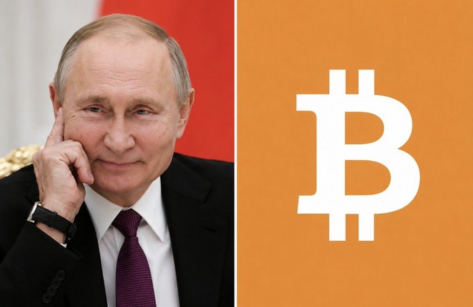 The image shows President Putin next to the Bitcoin logo, symbolizing Russia's new comprehensive cryptocurrency law. This graphic directly illustrates the news of Russia's regulatory action, contrasting it with the perceived inaction of American lawmakers.