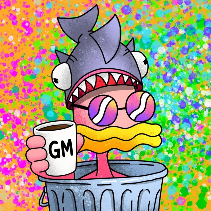 A vibrant cartoon character wearing a shark hat and sunglasses, emerging from a trash can while holding a coffee mug labeled 'GM,' set against a colorful splattered background.