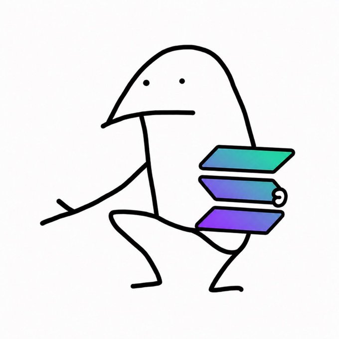 A minimalist line drawing of a bird-like character walking while carrying three stacked, colorful rectangular shapes.
