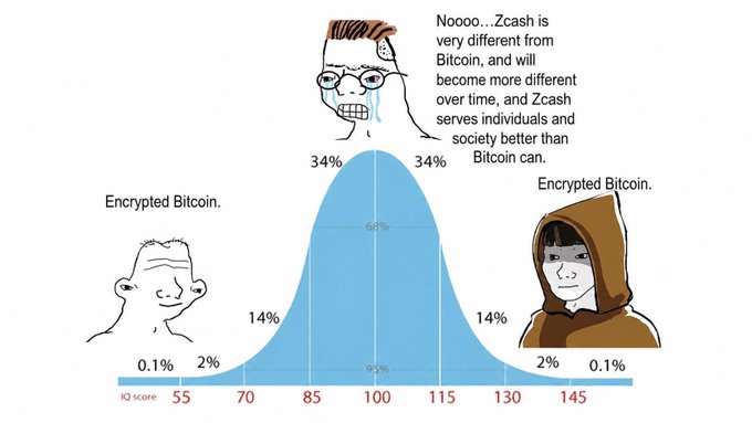 A bell curve meme comparing 'Bitcoin' and 'Zcash' on an IQ score axis from 55 to 145, with Zcash depicted as a crying wojak and Bitcoin represented by a hooded 'Encrypted Bitcoin' figure, with a top label reading 'Noooo... Zcash is very different from Bitcoin.'