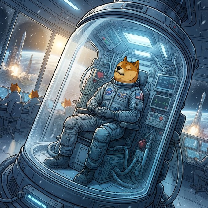 A Shiba Inu ("Doge") dog dressed as an astronaut relaxes inside a glass capsule cockpit, eyes closed in a nap while wearing a suit labeled "NASA," "MUSK," and featuring an American flag patch—a visual pun matching the "$DOGE-1" ticker reference, with rocket launches visible through the window in the background.
