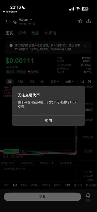 A phone screenshot of the Telegram app showing a cryptocurrency chart for a token named 'Vape' with a warning pop-up in Chinese stating '无法交易币市 由于存在潜在风险, 此币无法进行DEX交易' (Cannot trade this token; due to potential risks, this token cannot be traded via DEX).