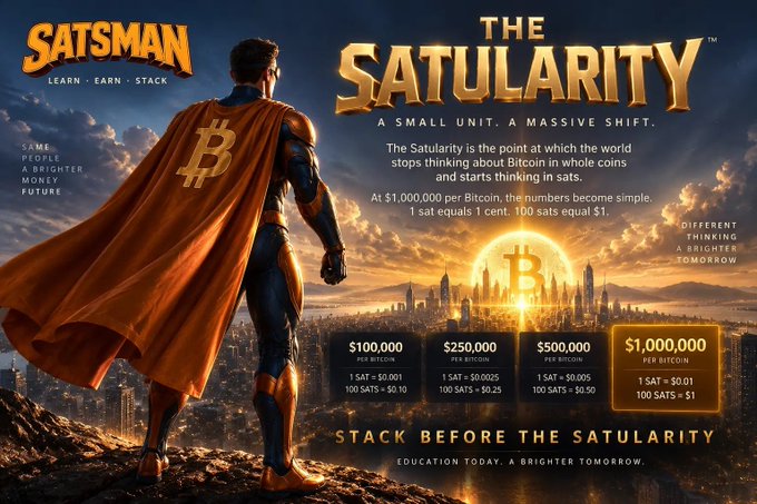A promotional graphic titled 'THE SATULARITY' by 'SATSMAN' featuring a caped figure overlooking a city with a Bitcoin sun, explaining that at $1,000,000 per Bitcoin, 1 sat equals 1 cent.