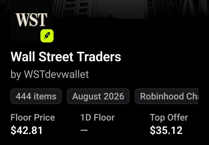 A digital listing for the "Wall Street Traders" NFT collection (by WSTdevwallet) shows 444 items with a floor price of $42.81 and a top offer of $35.12, aligning with the post highlighting its rapid price surge from a free mint to around $40.