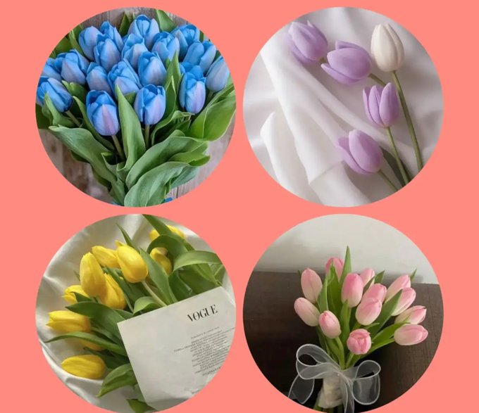 Four circular images display bouquets of tulips in different colors: blue, purple, yellow (with a Vogue magazine page), and pink arranged on a coral background.