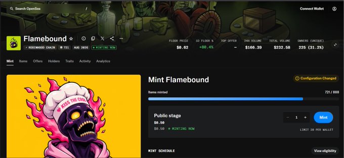 An OpenSea NFT minting page for "Flamebound" shows 721/888 items minted at $0.62 each, with 24-hour trading volume of $166.39 and total volume of $232.58 from 525 owners, matching the social media post's data on the collection's progress.
