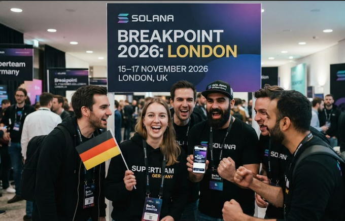 A group of enthusiastic people at the SOLANA BREAKPOINT 2026: LONDON conference held November 15-17, 2026, with one person holding a German flag and others wearing Solana-branded merchandise.
