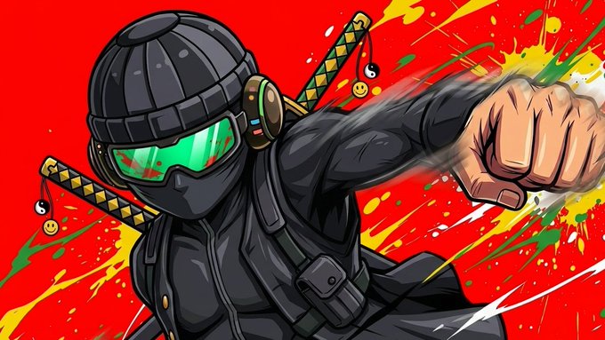 Anime-style illustration of a masked ninja character with green goggles and swords on their back, throwing a punch against a red background with colorful splatters.