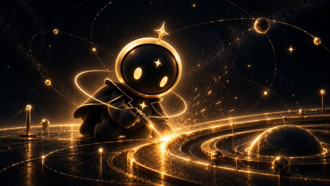 A digital illustration of a small, hooded astronaut-like figure with glowing eyes writing or drawing with light on a dark, cosmic surface surrounded by stars and golden trails.