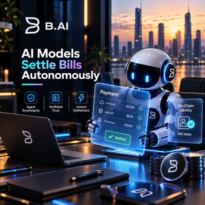 A promotional image for B.AI featuring a robot in an office setting with a city skyline backdrop. The text reads 'AI Models Settle Bills Autonomously' and highlights features like 'Agent Sovereignty,' 'Verifiable Trust,' and 'Instant Settlement,' with a payment interface showing 'Settled' and an 'On-Chain Identity' badge referencing ERC 8004.