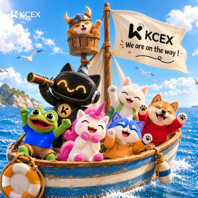 A promotional illustration for KCEX exchange featuring cartoon characters including a Shiba Inu dog, frog, unicorn, cat, and a Viking-helmeted mascot in a robot suit sailing on a boat with a "KCEX We are on the way!" flag.