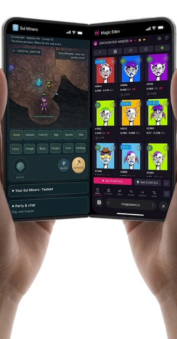 Two hands hold a foldable smartphone displaying two apps: 'Sui Miners' showing a mining game on the left, and 'Magic Eden' showing an 'ENCHANTED MINERS' NFT marketplace on the right.