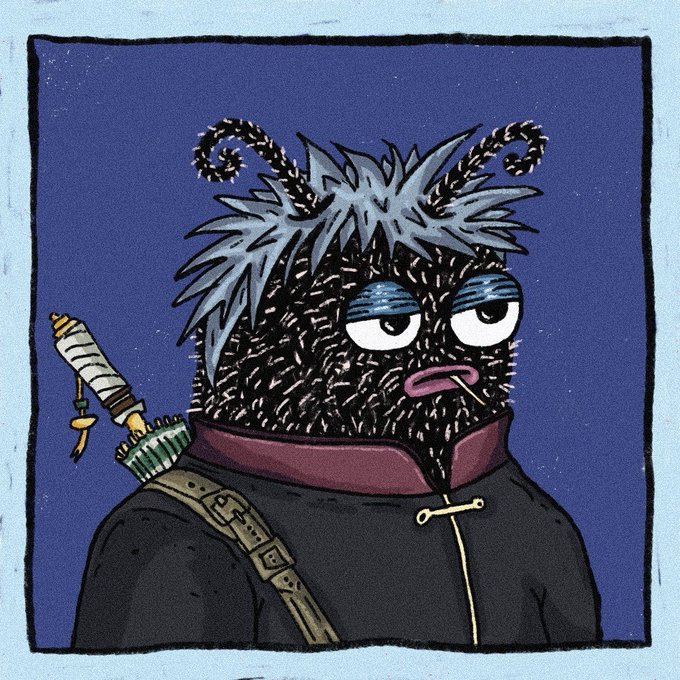 A grumpy, fuzzy bug-like cartoon character with wild gray hair, droopy eyes, and a sword strapped to its back stands against a dark blue background. The illustration appears to be a custom 1/1 honorary art piece created for @DegenBugs, matching the surreal and edgy style typical of the DegenBugs NFT collection.