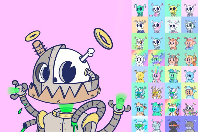 The image features a cartoon robot wearing a helmet that has a camera on top of it. The robot appears to be holding up a sign with the words "focus" written on it, which could possibly be related to the post about Quirkiesnft or some other topic. There are multiple small images of people and animals surrounding the main robot, adding to its cartoon-like appearance.