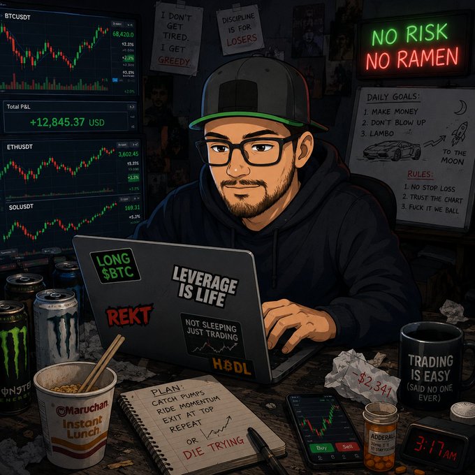 A cartoon-style illustration of a sleep-deprived crypto trader at 3:17 AM, surrounded by energy drinks (Monster), Maruchan instant ramen, trading charts showing BTCUSDT at +12,845.37 USD, and signs reading "NO RISK NO RAMEN" and "I DON'T GET TIRED I GET GREEDY," humorously embodying the dedication of co-hosts like @bitsofwealth who show up daily for trading spaces and streams.