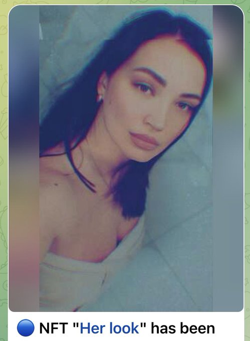 A close-up selfie of a woman with dark hair in a low-cut top, with a caption below reading 'NFT "Her look" has been'.