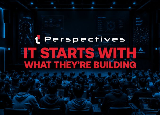 A dark conference room filled with attendees facing a stage displaying "Perspectives" and "IT STARTS WITH WHAT THEY'RE BUILDING," alongside Avalanche branding and screens showing "BUILD DEVELOP DEPLOY" and "AI AGENTS." The image ties to the post by suggesting the early planning and team-building stage behind projects like Avascan and Routescan, where the speaker recognized Dorji as the right person to help build out their community and social presence.