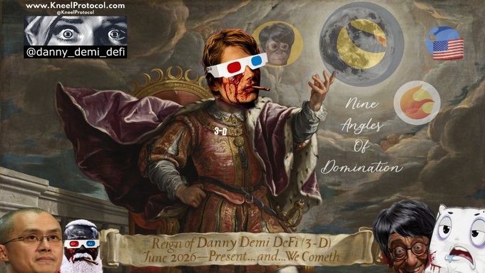 The image features a poster with a cartoon depiction of Kingdom's ruler, who appears to be wearing a red cape and holding a sword. The poster also includes text that reads "Nine Angles of Domination", which could be interpreted as a reference to the ruler's power or influence over his subjects. In addition to this, there are other elements in the image such as a person with a sad expression, a cartoon representation of a man wearing glasses and a hat, and an American flag. The poster also includes text that reads "KneelProtocol.com", which could be related to the creator or publisher of the poster.