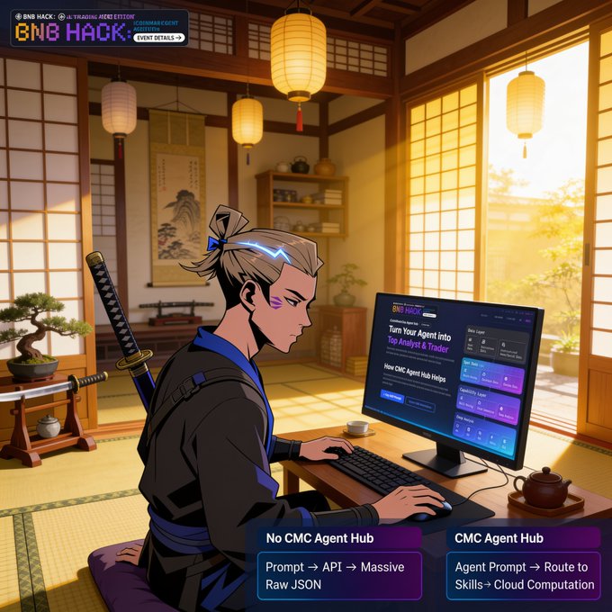 An anime samurai with a sword strapped to his back works on a computer in a traditional Japanese room, with on-screen text promoting 'BNB HACK' and comparing 'No CMC Agent Hub' versus 'CMC Agent Hub'.