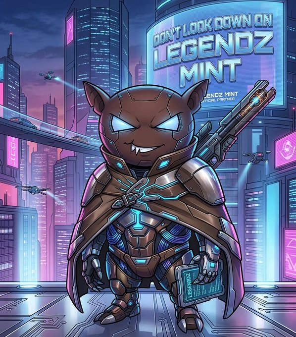 A cyberpunk-style illustration of an armored cat-like character holding a gun with a neon cityscape background, featuring a billboard reading 'DON'T LOOK DOWN ON LEGENDZ MINT' and 'LEGENDZ MINT OFFICIAL PARTNER'.