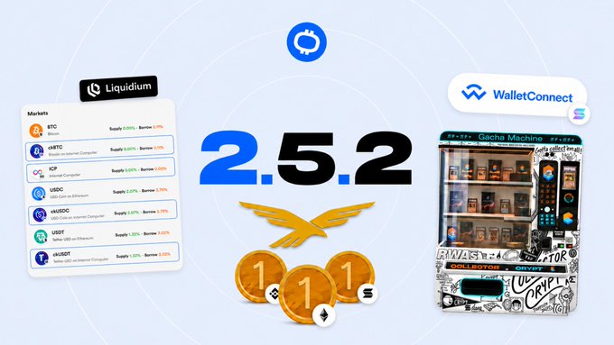 A promotional graphic features the version number '2.5.2' surrounded by logos for Liquidium, WalletConnect, cryptocurrency coins, and a gacha machine illustration.