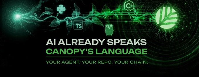 The image features a banner with various icons related to blockchain technology such as a tree, a computer mouse, and a green circle. The text on the banner reads "AI Already Speaks Canopy's Language", which suggests that AI can be used in conjunction with blockchain technology for more secure communication. The phrase "focus on what is in the image" implies that the viewer should pay attention to the details of the image and its connection to the post about Canopy Network.
