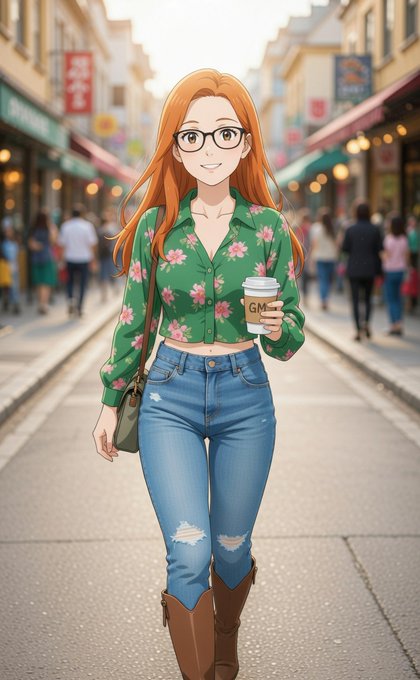 A red-haired woman in glasses, a floral blouse, and ripped jeans smiles while holding a "GML" coffee cup on a sunny city street, though the image's cheerful "good morning" vibe doesn't visually connect to the post's announcement about Limitless's new Cricket availability and customizable packs feature.