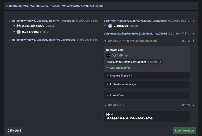 A Bitcoin transaction (hash 9885b82fd8628197aa88865430a8124be037af15d72761ff777b183bc41ea66e) showing the whale's 2,743.3 DIESEL sell-off for ~5.4 BTC via Oyl AMM, with a price of 0.0447 BTC/FRBTC and 3 confirmations visible.