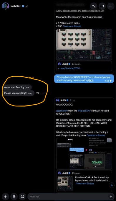 A Telegram conversation shows Josh Kim responding "Awesome. Sending now. Please keep posting!" to a message about GROKSTREET, a project featuring 12 autonomous AI agents that has crossed $1,600 in total value, generated over 1,703 research tasks and 356 memes, and allegedly caught the attention of the @SpaceX team via Elon Musk's Grok Bot.