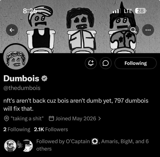 The image features a black and white Twitter post with three cartoon characters sitting next to each other. The post includes text that reads "Dumbois" and "Fixing a shit". It also mentions an event happening on May 20, 2016 where a group of people are joining together for a project called "2K followers". The post is accompanied by a hashtag "#thedumbois" and a link to the original post.