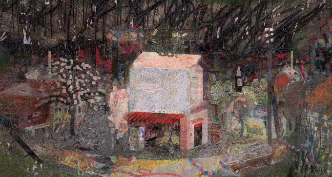 A dark, heavily textured digital artwork depicting a building or structure with a red awning, rendered in a chaotic mix of dark grays, reds, and yellows.