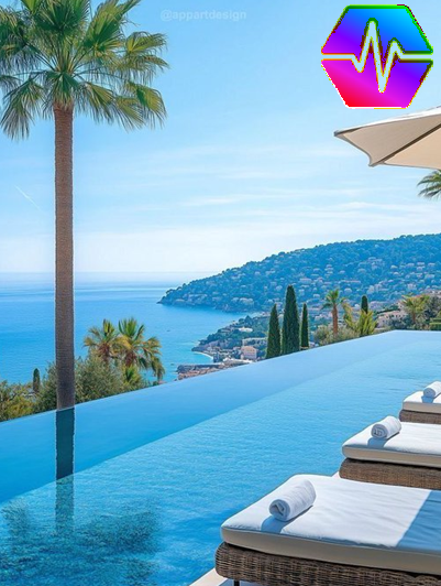 A photograph of a luxury infinity pool overlooking a coastal landscape with palm trees and the Mediterranean Sea, featuring an '@apparidesign' watermark and a colorful logo overlay.