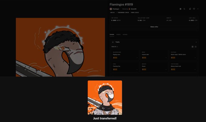 A screenshot of an NFT collection page for 'Flamingos #1819', showing a character with an orange visor, collection stats, and a 'Just transferred!' pop-up.