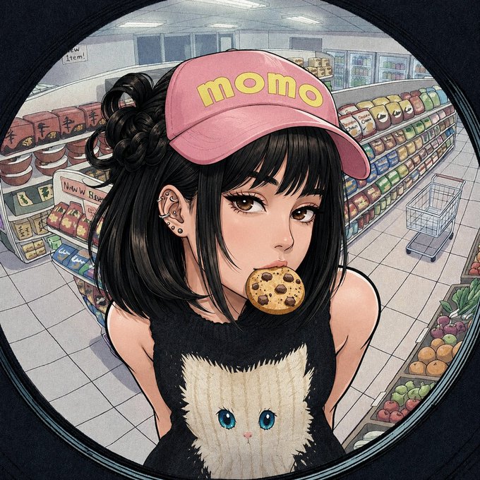 An anime-style illustration of a girl wearing a pink 'momo' cap and a black sweater with a white cat face, biting into a chocolate chip cookie in what appears to be a convenience store viewed through a security camera lens.
