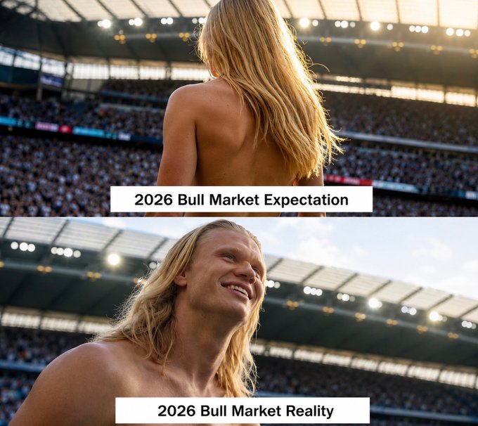 A two-panel meme showing a blonde woman in a stadium; the top panel is labeled '2026 Bull Market Expectation' showing her from behind, and the bottom is labeled '2026 Bull Market Reality' showing her smiling face.