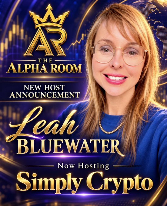 A promotional graphic for "THE ALPHA ROOM" announcing "Leah BLUEWATER" as the new host of "Simply Crypto," featuring a smiling woman with glasses against a blue background with a gold crown logo.