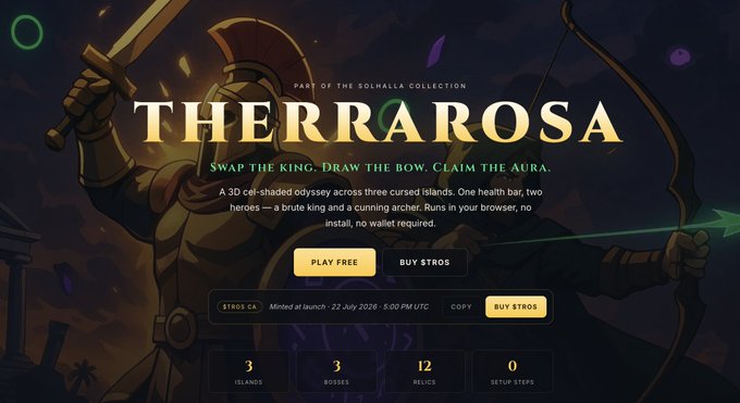 Promotional webpage for 'THERRAROSA', a 3D cel-shaded odyssey game featuring a Spartan-like warrior with sword and bow, offering 'PLAY FREE' and 'BUY $TROS' options with a token contract address visible.