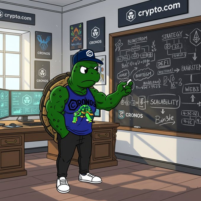 An illustration depicts an anthropomorphic turtle wearing a blue 'CRONOS' jersey and cap, standing in a crypto-themed office with a whiteboard detailing 'BLASTROIM', 'STRATEGY', 'DEFI', and 'WEB3' concepts.